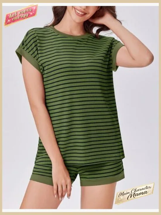 Cute Stripe Knit Lounge Set 2 Piece Shorts Matching Outfit Y2K Chic - Picture 5 of 7